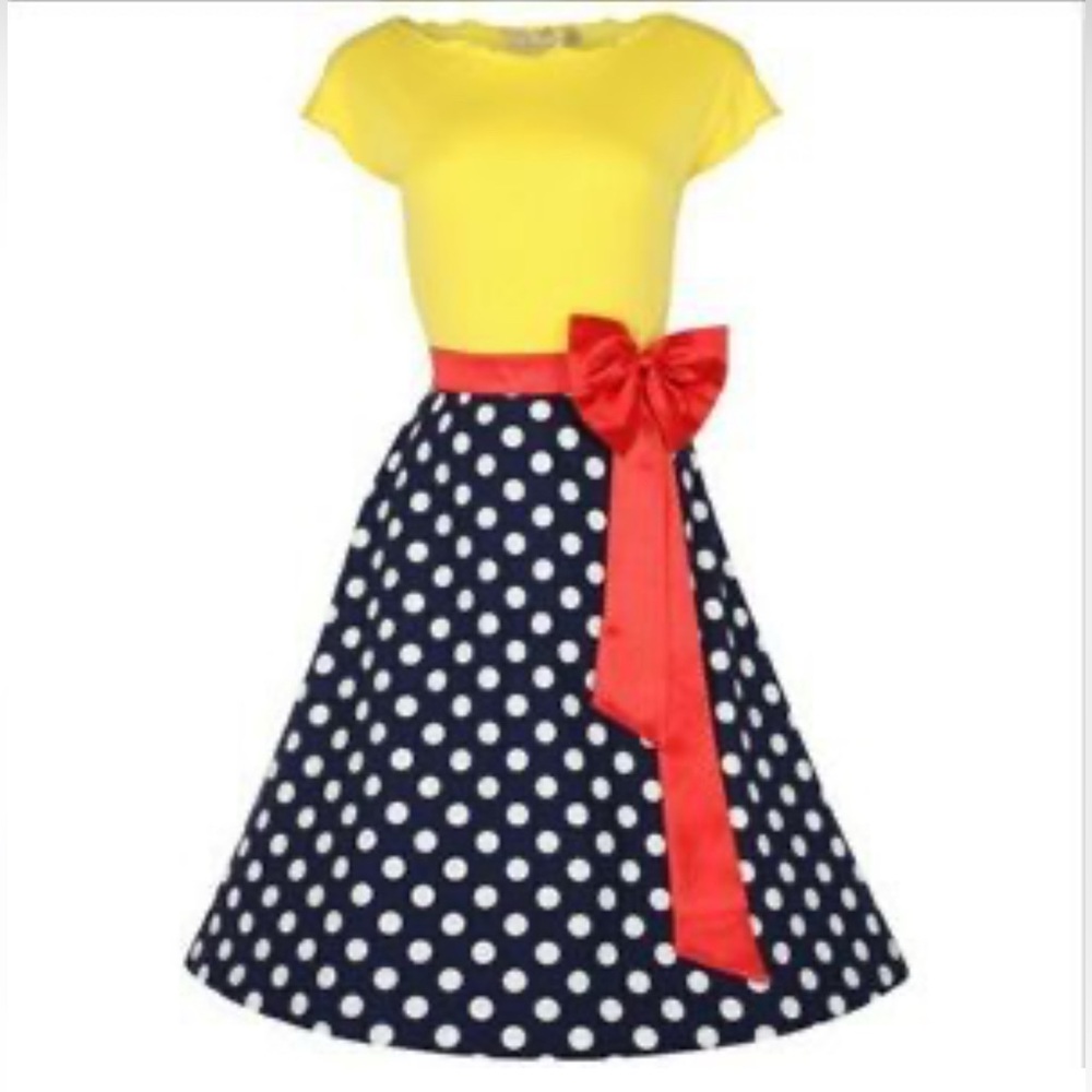 Lindy Bop Yellow and Navy Polka Dot Dress with Red Bow